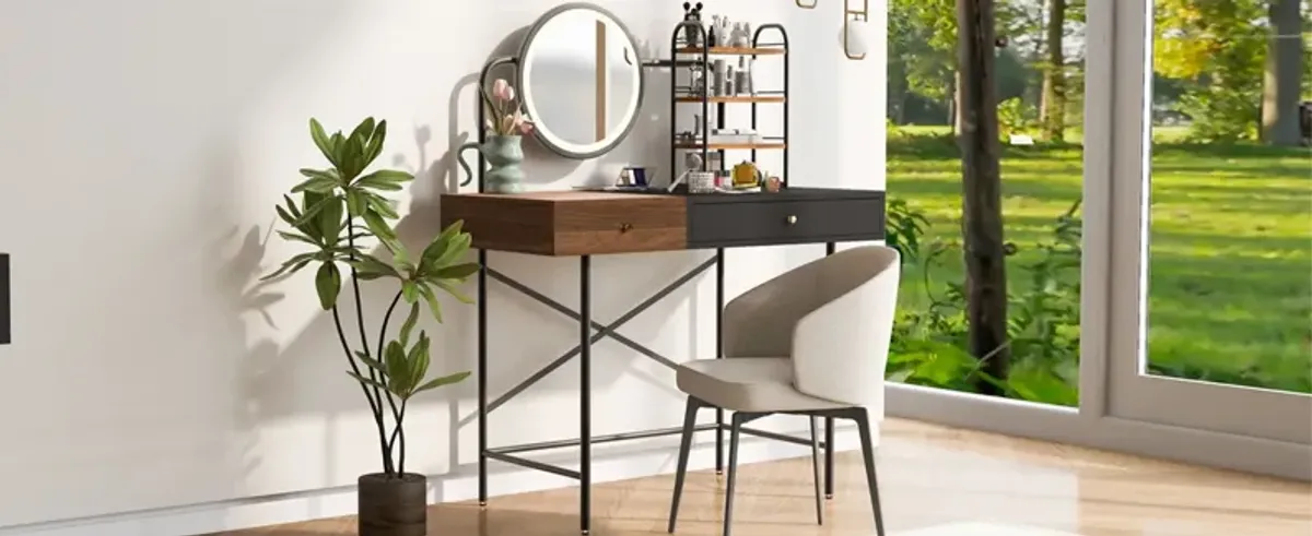 Makeup Vanity Desk With 3-Mode Lighted Mirror & Wireless Charging Station, Vanity Table With Drawer & 3 Open Shelves For Ample Storage Space, Dressing Table For Bedroom