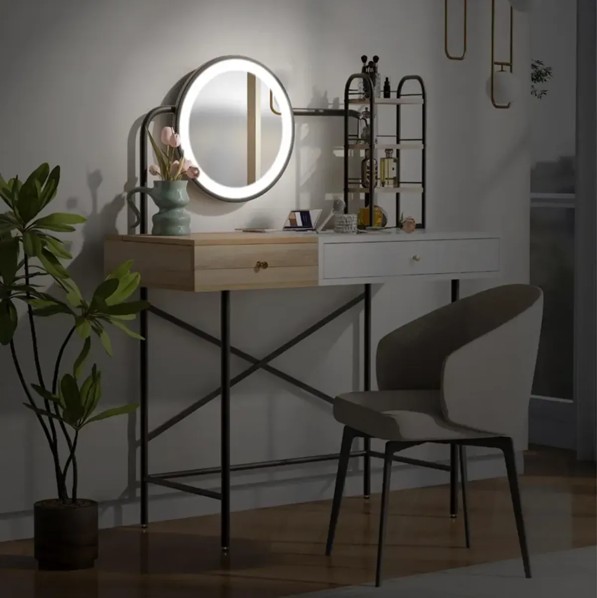 Makeup Vanity Desk With 3-Mode Lighted Mirror & Wireless Charging Station, Vanity Table With Drawer & 3 Open Shelves For Ample Storage Space, Dressing Table For Bedroom