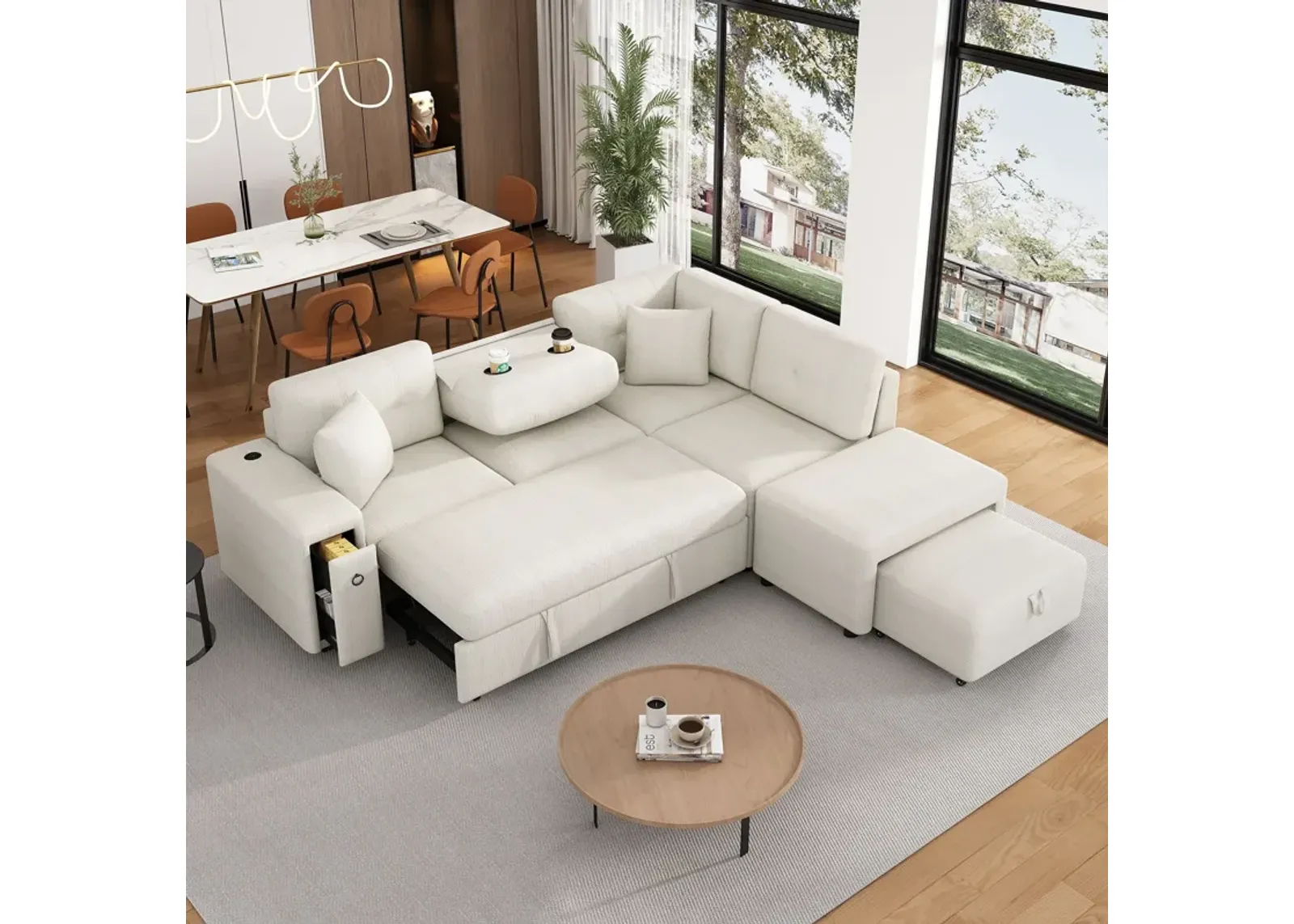 Sectional Sofa L-Shaped Sofa Couch Pull-Out Sofa Bed With A Movable Ottoman, Two USB Ports And Two Cup Holders For Living Room