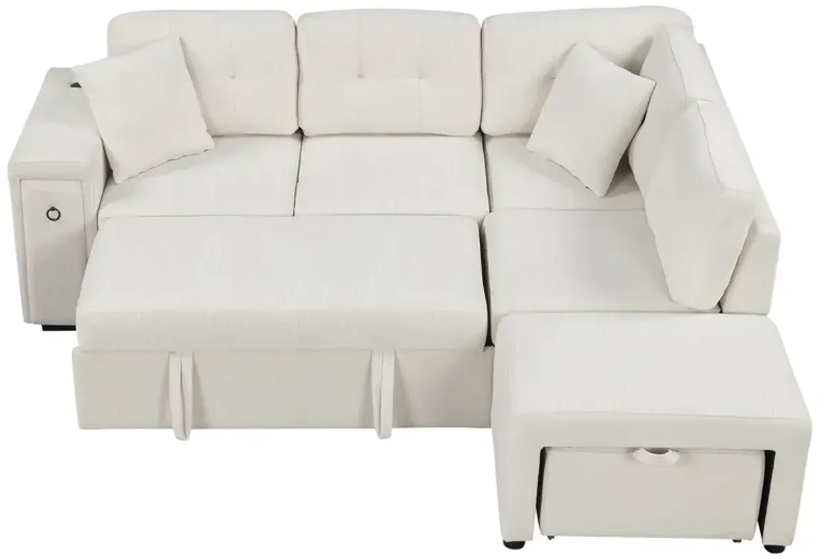 Sectional Sofa L-Shaped Sofa Couch Pull-Out Sofa Bed With A Movable Ottoman, Two USB Ports And Two Cup Holders For Living Room