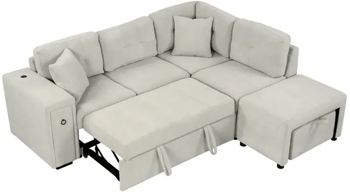 Sectional Sofa L-Shaped Sofa Couch Pull-Out Sofa Bed With A Movable Ottoman, Two USB Ports And Two Cup Holders For Living Room