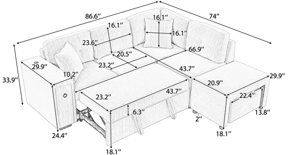 Sectional Sofa L-Shaped Sofa Couch Pull-Out Sofa Bed With A Movable Ottoman, Two USB Ports And Two Cup Holders For Living Room