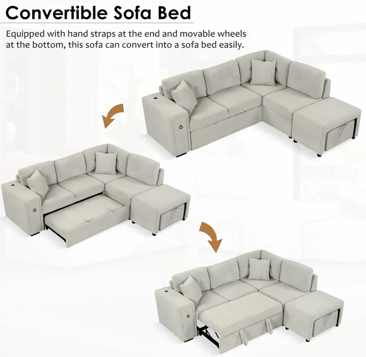 Sectional Sofa L-Shaped Sofa Couch Pull-Out Sofa Bed With A Movable Ottoman, Two USB Ports And Two Cup Holders For Living Room