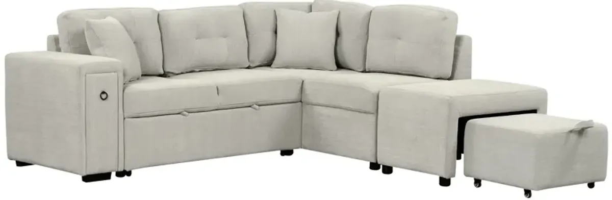 Sectional Sofa L-Shaped Sofa Couch Pull-Out Sofa Bed With A Movable Ottoman, Two USB Ports And Two Cup Holders For Living Room