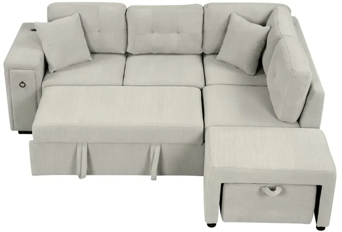 Sectional Sofa L-Shaped Sofa Couch Pull-Out Sofa Bed With A Movable Ottoman, Two USB Ports And Two Cup Holders For Living Room