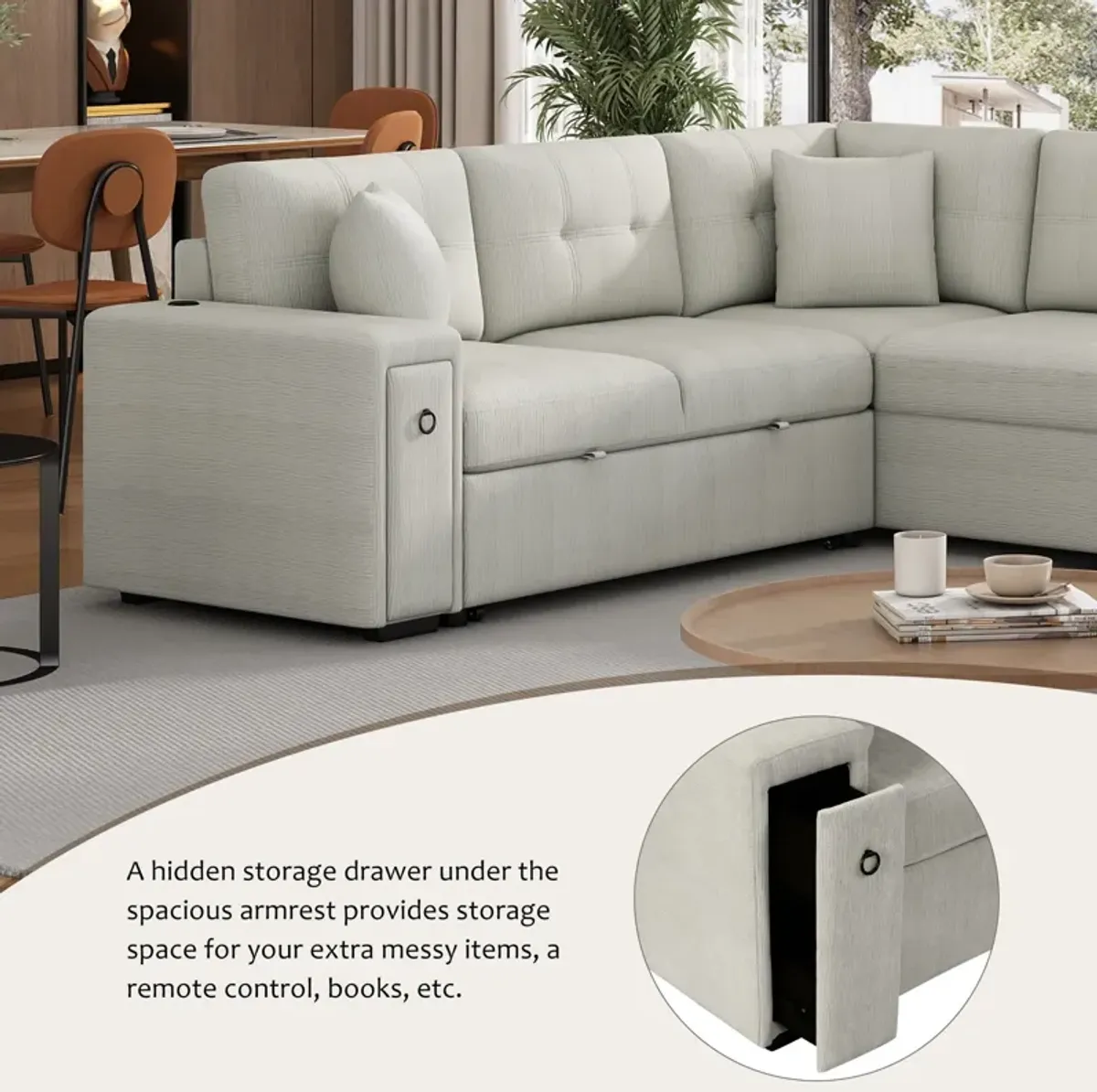 Sectional Sofa L-Shaped Sofa Couch Pull-Out Sofa Bed With A Movable Ottoman, Two USB Ports And Two Cup Holders For Living Room