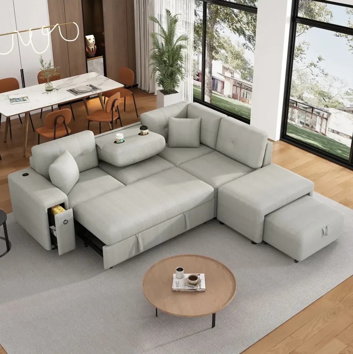 Sectional Sofa L-Shaped Sofa Couch Pull-Out Sofa Bed With A Movable Ottoman, Two USB Ports And Two Cup Holders For Living Room