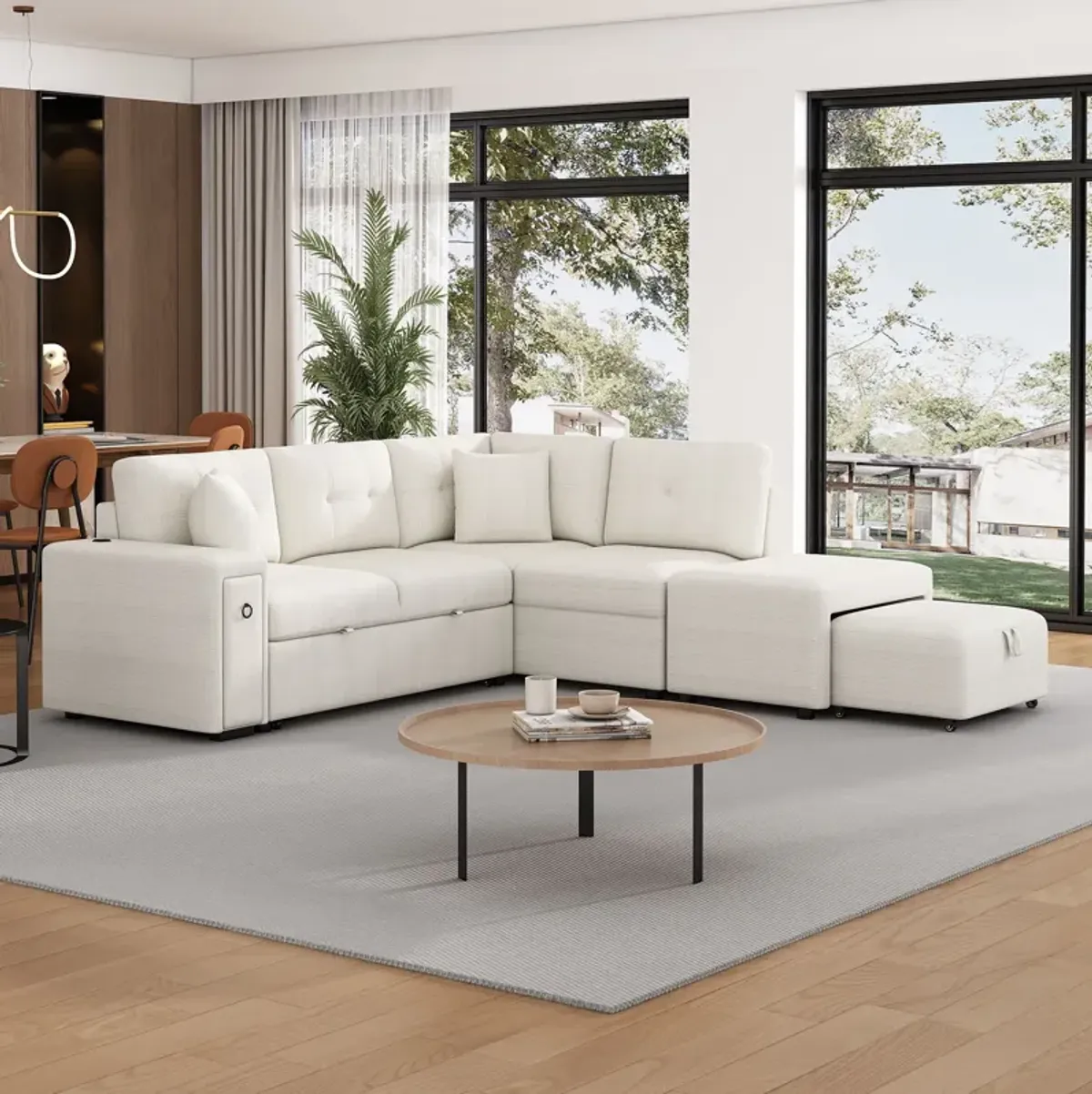 Sectional Sofa L-Shaped Sofa Couch Pull-Out Sofa Bed With A Movable Ottoman, Two USB Ports And Two Cup Holders For Living Room