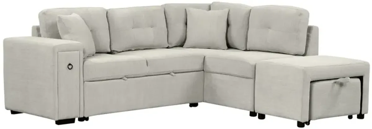 Sectional Sofa L-Shaped Sofa Couch Pull-Out Sofa Bed With A Movable Ottoman, Two USB Ports And Two Cup Holders For Living Room