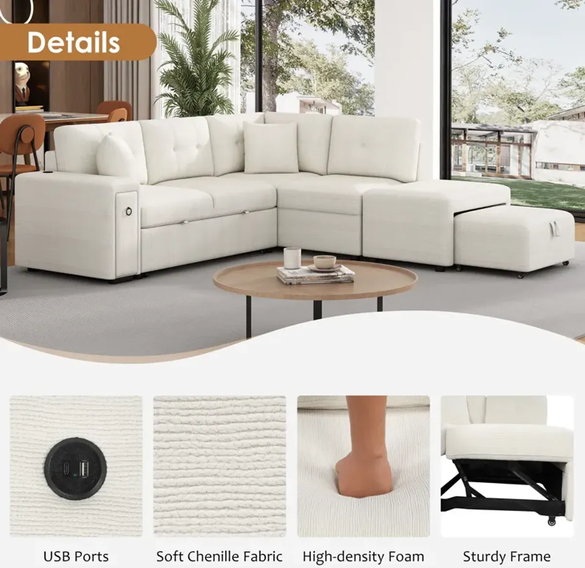 Sectional Sofa L-Shaped Sofa Couch Pull-Out Sofa Bed With A Movable Ottoman, Two USB Ports And Two Cup Holders For Living Room