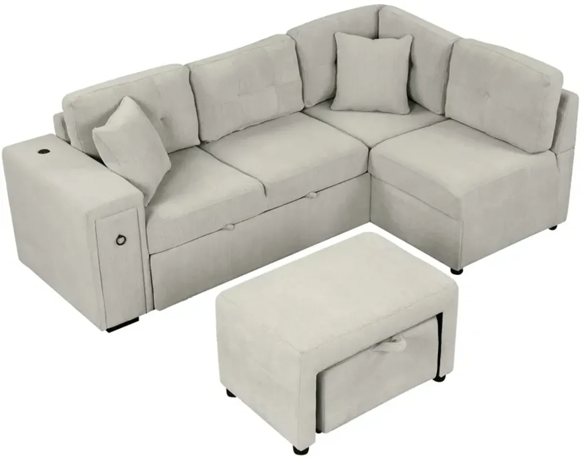 Sectional Sofa L-Shaped Sofa Couch Pull-Out Sofa Bed With A Movable Ottoman, Two USB Ports And Two Cup Holders For Living Room