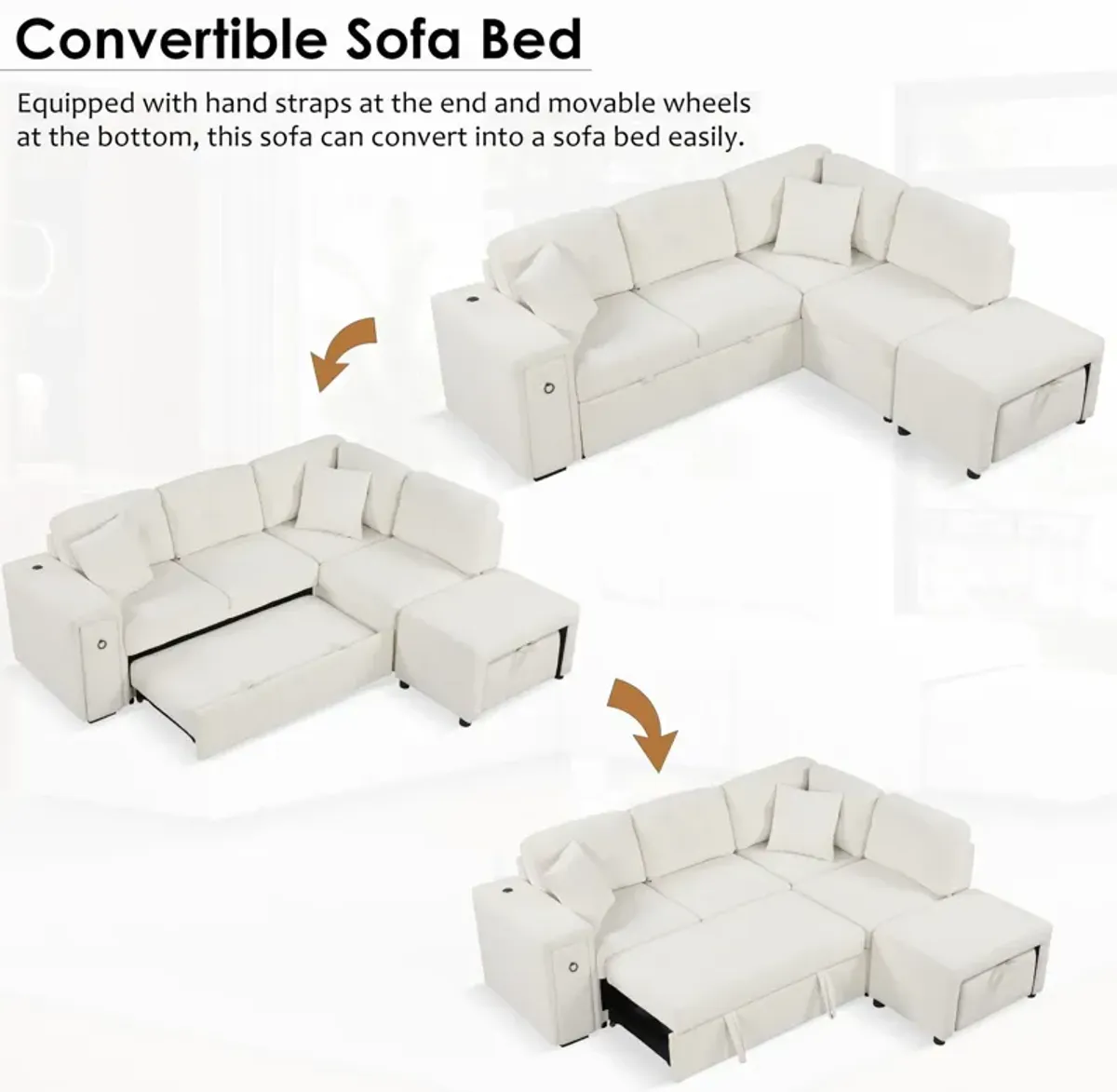 Sectional Sofa L-Shaped Sofa Couch Pull-Out Sofa Bed With A Movable Ottoman, Two USB Ports And Two Cup Holders For Living Room