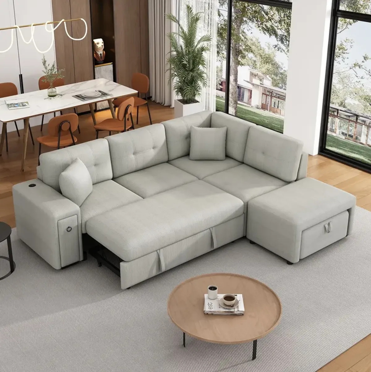 Sectional Sofa L-Shaped Sofa Couch Pull-Out Sofa Bed With A Movable Ottoman, Two USB Ports And Two Cup Holders For Living Room