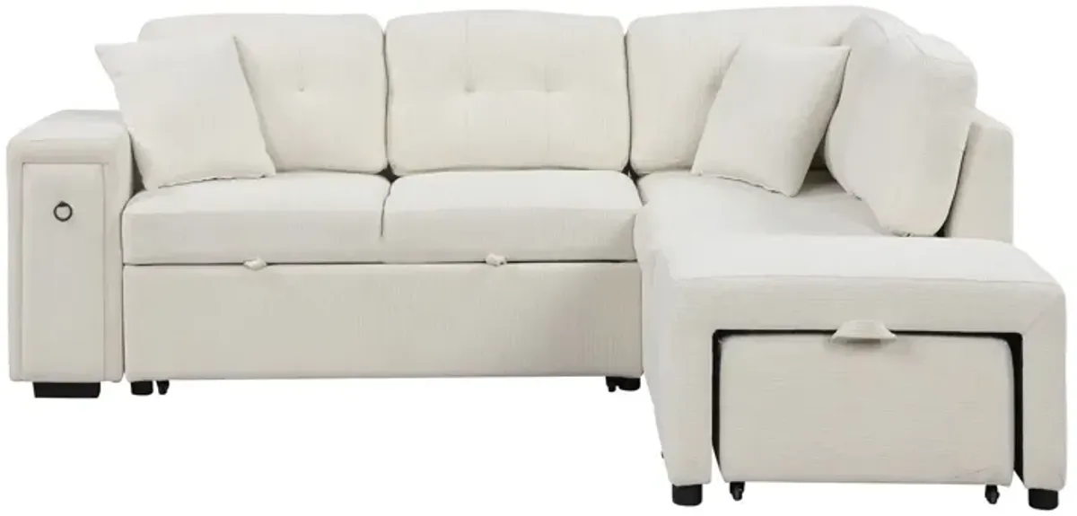 Sectional Sofa L-Shaped Sofa Couch Pull-Out Sofa Bed With A Movable Ottoman, Two USB Ports And Two Cup Holders For Living Room