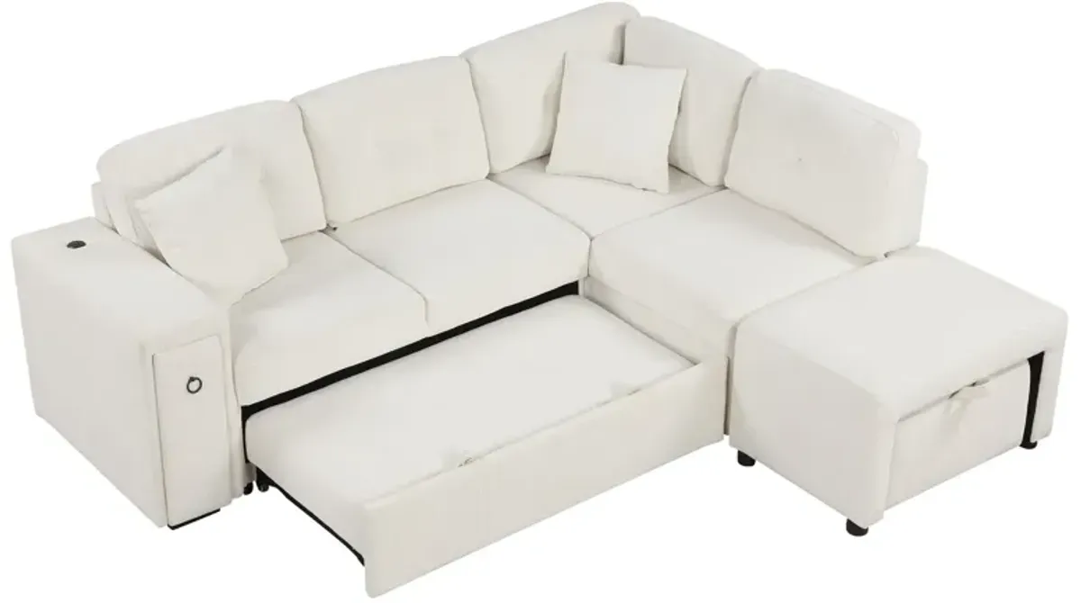 Sectional Sofa L-Shaped Sofa Couch Pull-Out Sofa Bed With A Movable Ottoman, Two USB Ports And Two Cup Holders For Living Room