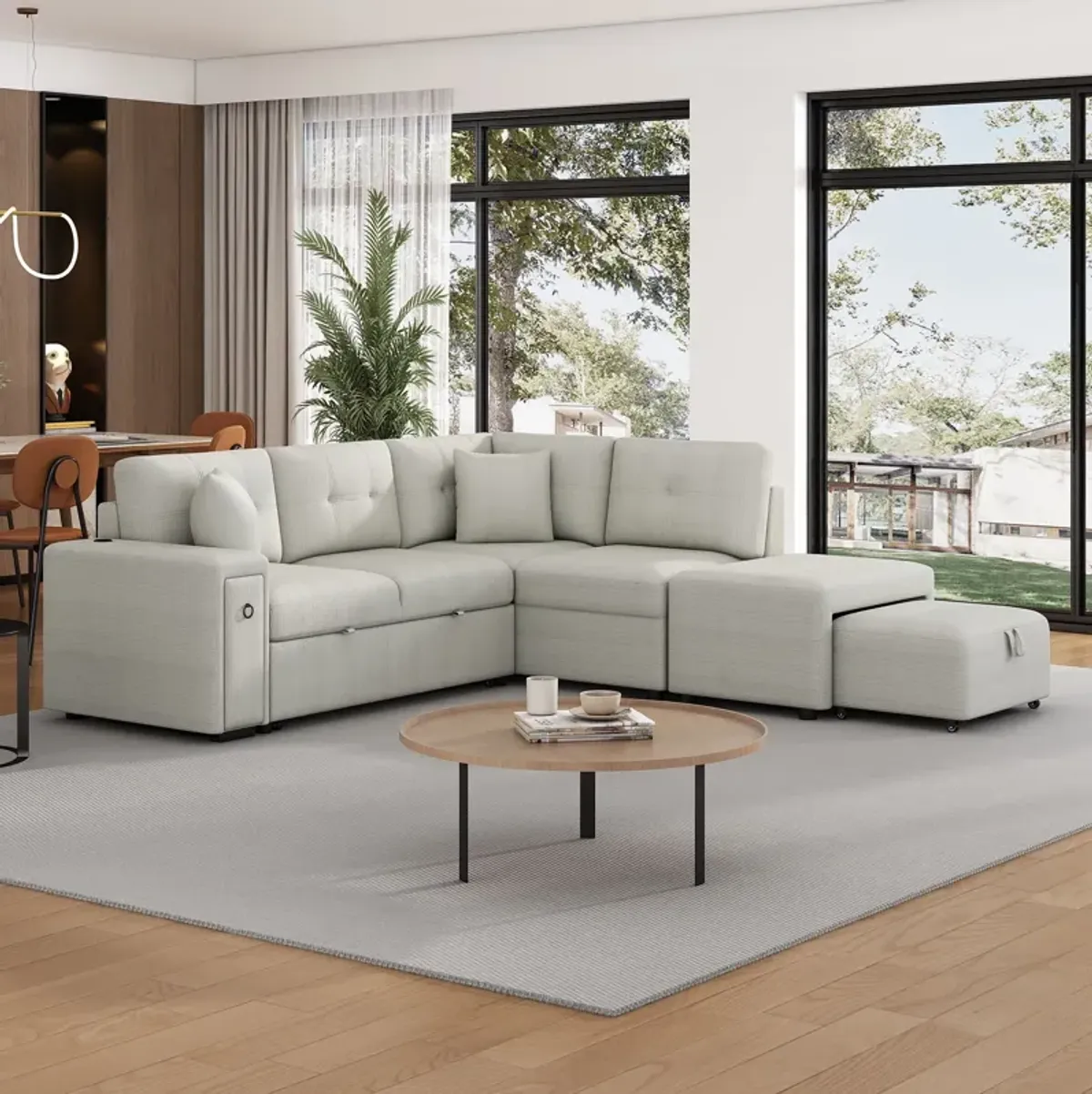 Sectional Sofa L-Shaped Sofa Couch Pull-Out Sofa Bed With A Movable Ottoman, Two USB Ports And Two Cup Holders For Living Room