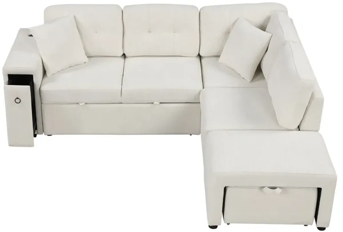 Sectional Sofa L-Shaped Sofa Couch Pull-Out Sofa Bed With A Movable Ottoman, Two USB Ports And Two Cup Holders For Living Room