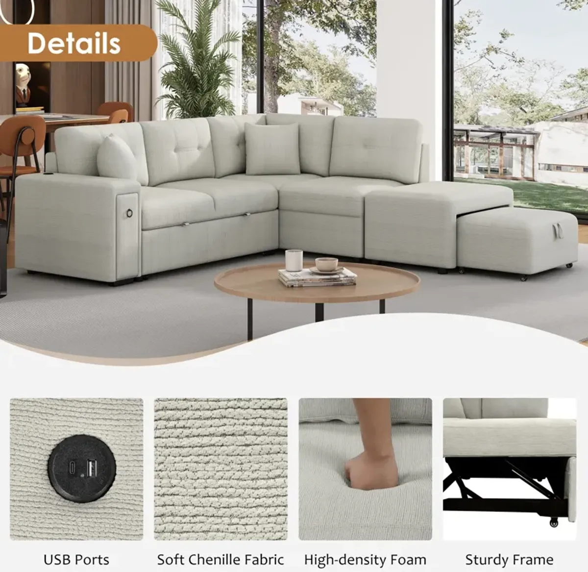 Sectional Sofa L-Shaped Sofa Couch Pull-Out Sofa Bed With A Movable Ottoman, Two USB Ports And Two Cup Holders For Living Room