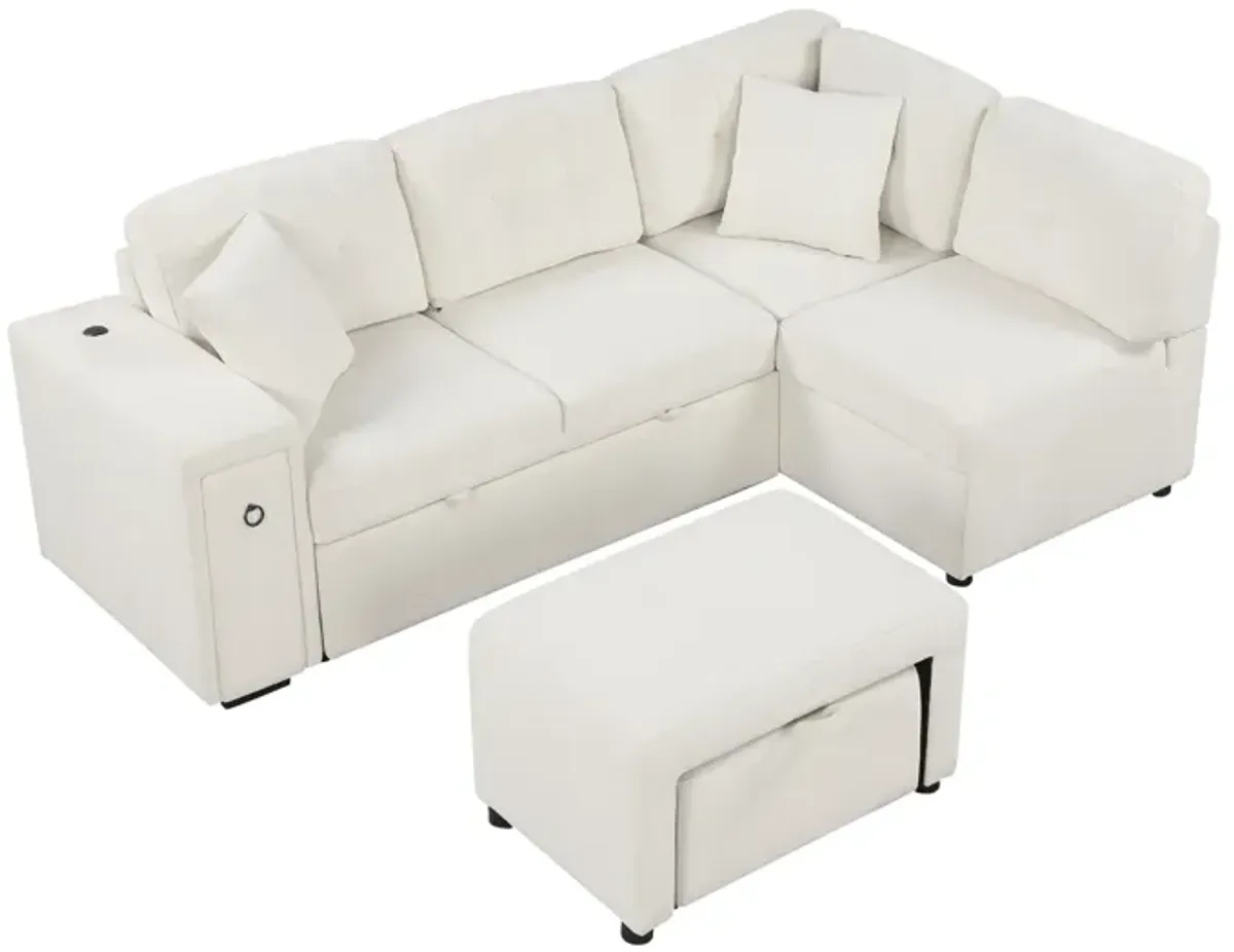 Sectional Sofa L-Shaped Sofa Couch Pull-Out Sofa Bed With A Movable Ottoman, Two USB Ports And Two Cup Holders For Living Room