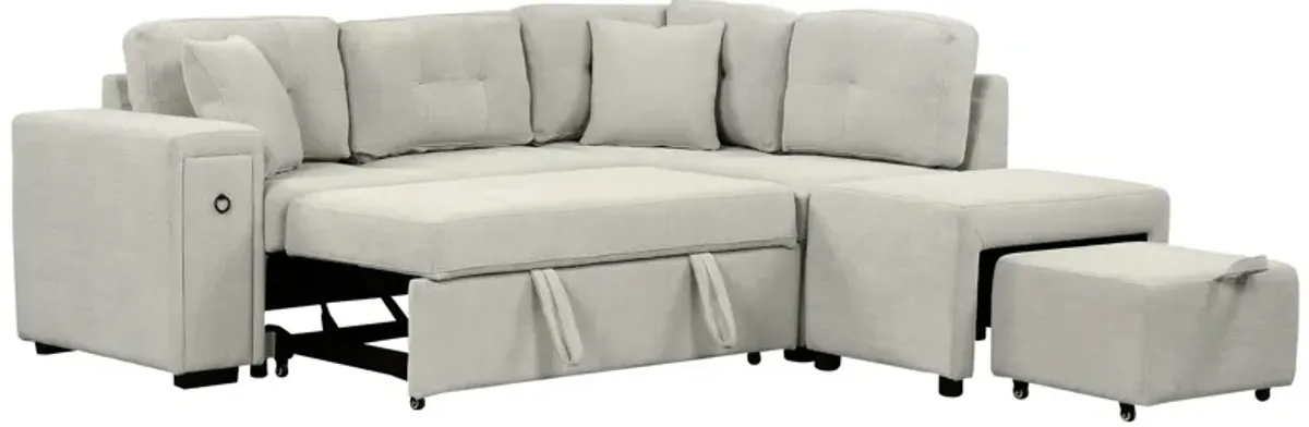 Sectional Sofa L-Shaped Sofa Couch Pull-Out Sofa Bed With A Movable Ottoman, Two USB Ports And Two Cup Holders For Living Room