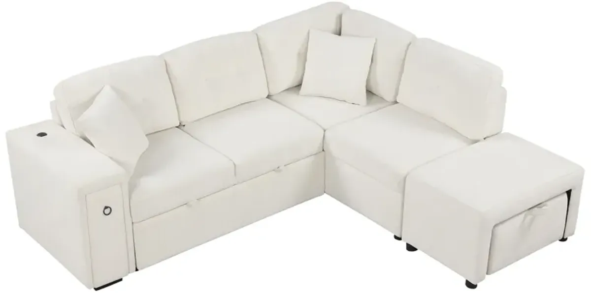 Sectional Sofa L-Shaped Sofa Couch Pull-Out Sofa Bed With A Movable Ottoman, Two USB Ports And Two Cup Holders For Living Room