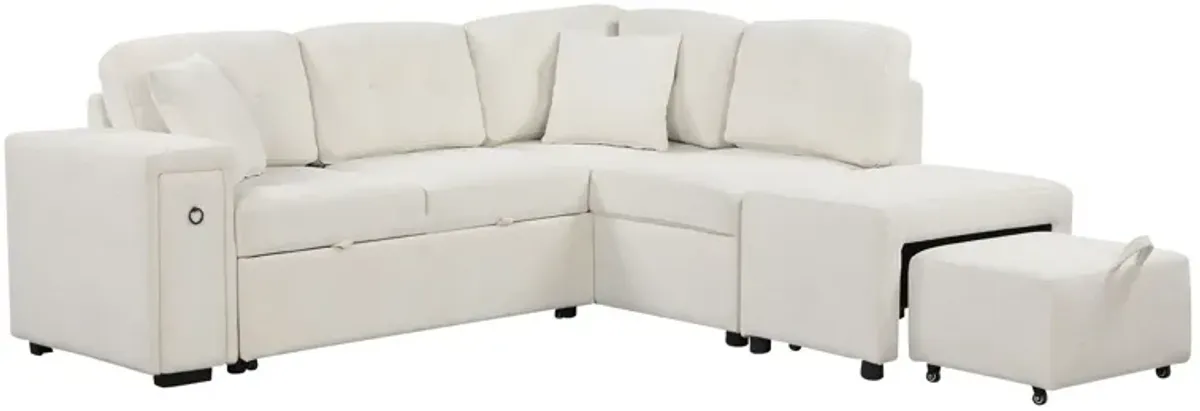 Sectional Sofa L-Shaped Sofa Couch Pull-Out Sofa Bed With A Movable Ottoman, Two USB Ports And Two Cup Holders For Living Room