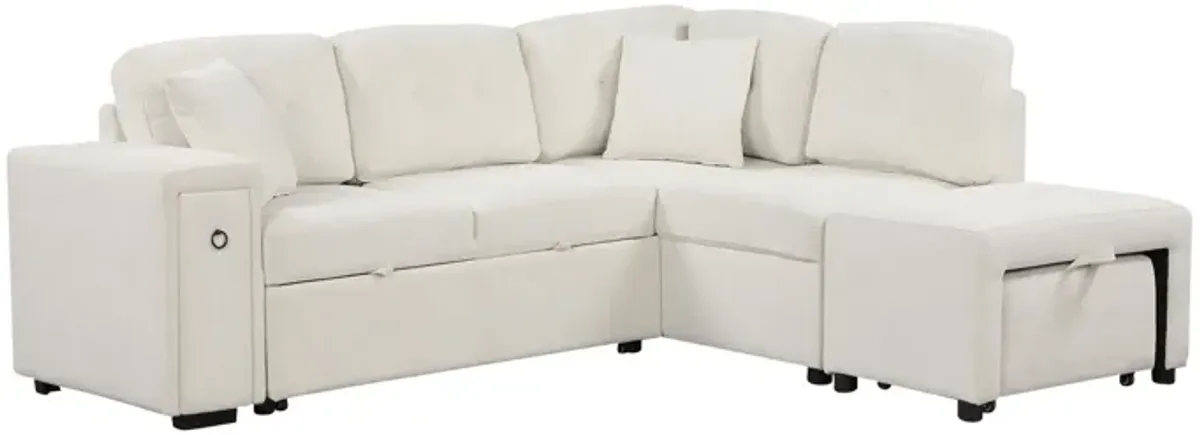 Sectional Sofa L-Shaped Sofa Couch Pull-Out Sofa Bed With A Movable Ottoman, Two USB Ports And Two Cup Holders For Living Room