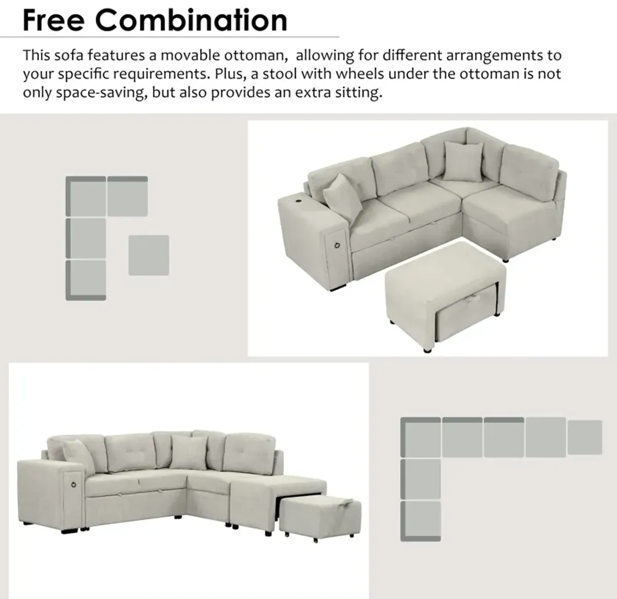 Sectional Sofa L-Shaped Sofa Couch Pull-Out Sofa Bed With A Movable Ottoman, Two USB Ports And Two Cup Holders For Living Room