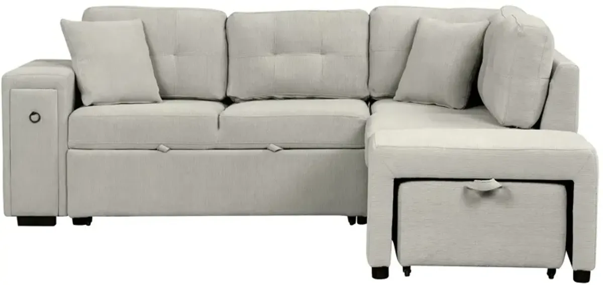 Sectional Sofa L-Shaped Sofa Couch Pull-Out Sofa Bed With A Movable Ottoman, Two USB Ports And Two Cup Holders For Living Room