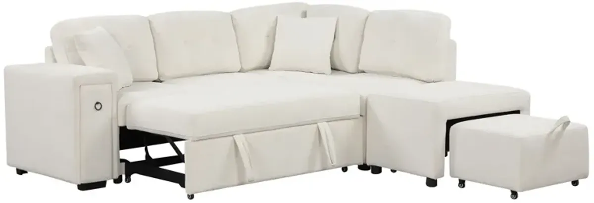 Sectional Sofa L-Shaped Sofa Couch Pull-Out Sofa Bed With A Movable Ottoman, Two USB Ports And Two Cup Holders For Living Room