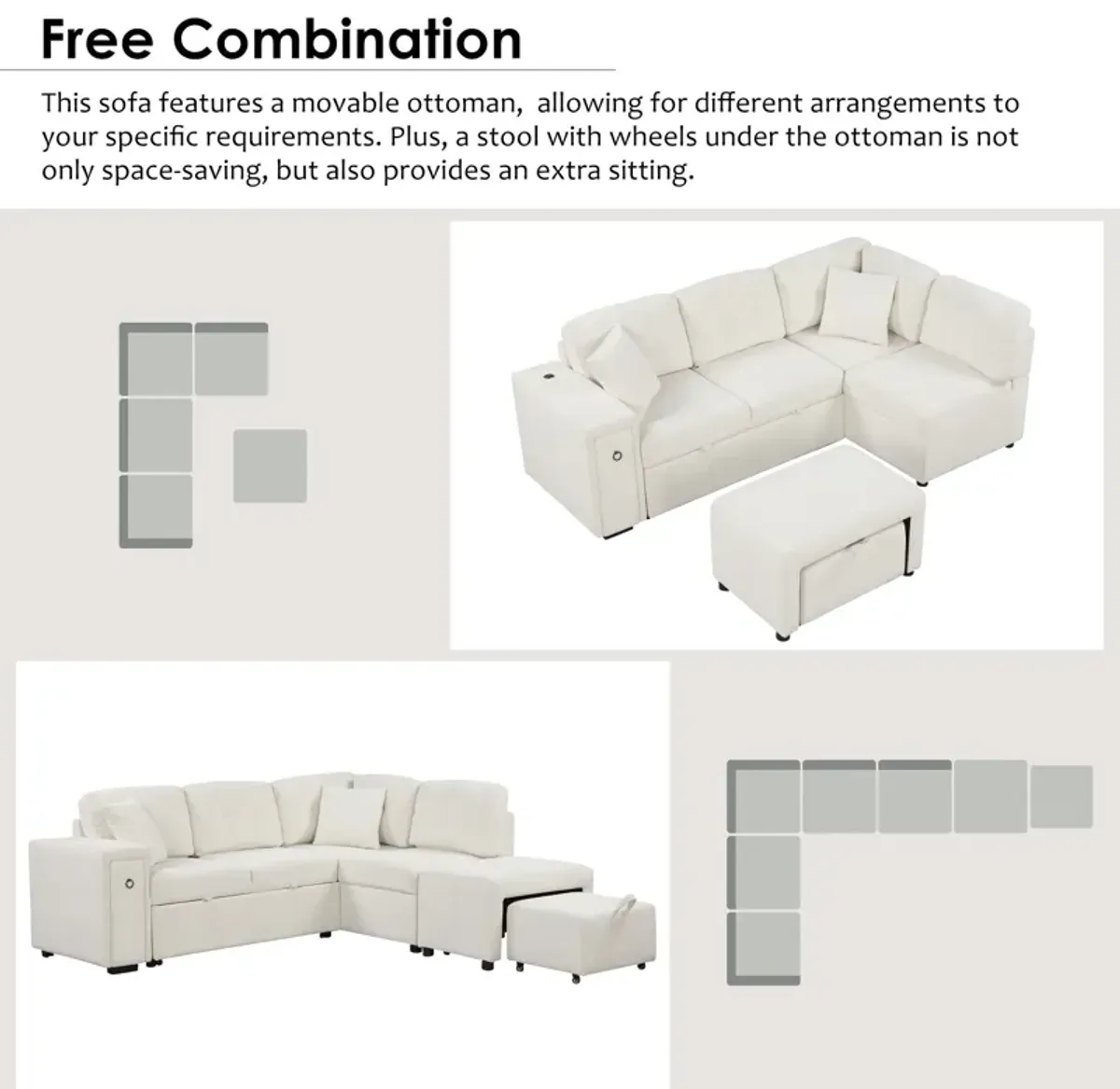 Sectional Sofa L-Shaped Sofa Couch Pull-Out Sofa Bed With A Movable Ottoman, Two USB Ports And Two Cup Holders For Living Room