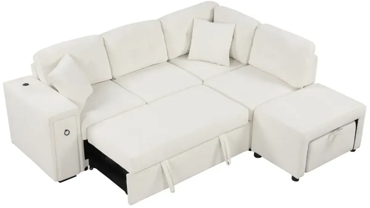 Sectional Sofa L-Shaped Sofa Couch Pull-Out Sofa Bed With A Movable Ottoman, Two USB Ports And Two Cup Holders For Living Room