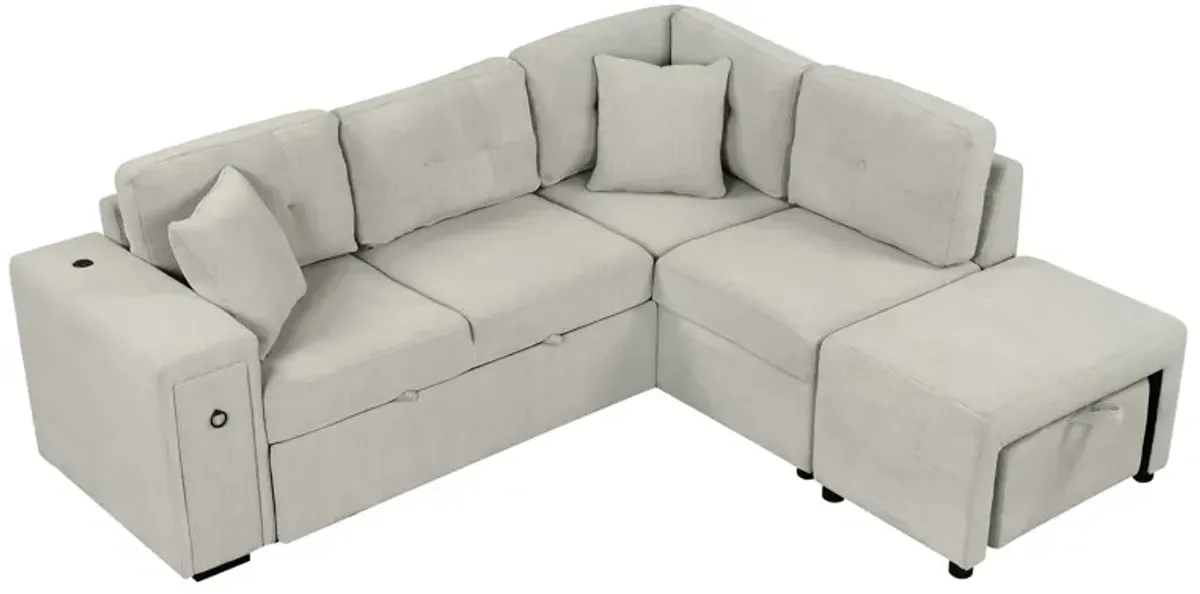 Sectional Sofa L-Shaped Sofa Couch Pull-Out Sofa Bed With A Movable Ottoman, Two USB Ports And Two Cup Holders For Living Room