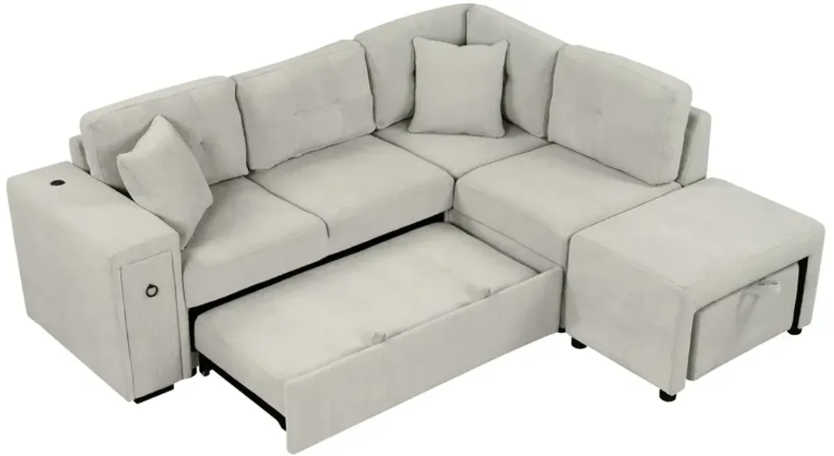 Sectional Sofa L-Shaped Sofa Couch Pull-Out Sofa Bed With A Movable Ottoman, Two USB Ports And Two Cup Holders For Living Room