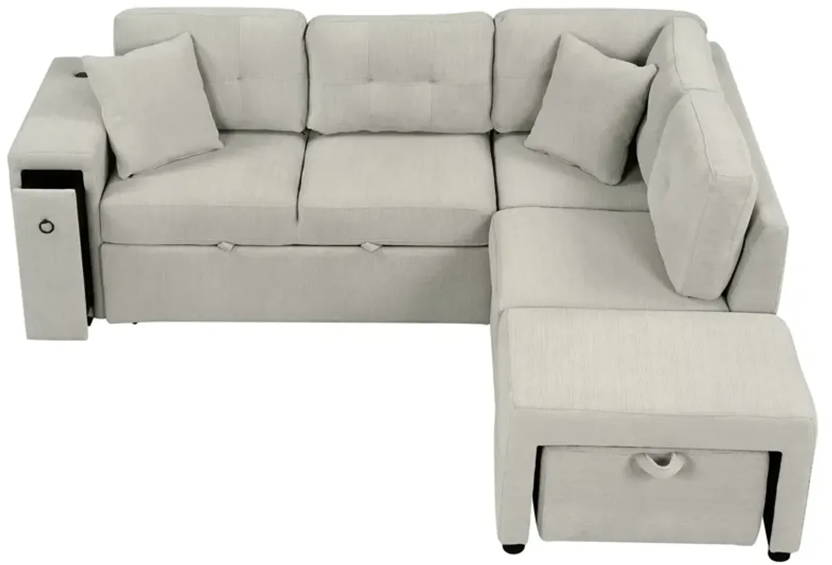 Sectional Sofa L-Shaped Sofa Couch Pull-Out Sofa Bed With A Movable Ottoman, Two USB Ports And Two Cup Holders For Living Room