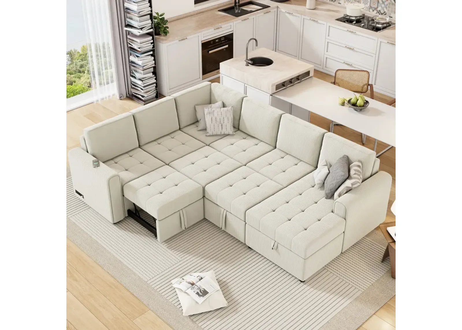 U-Shaped Sofa Sectional Sofa Pull-Out Sofa Bed With A Storage Chaise Lounge, Charging Devices For Living Room