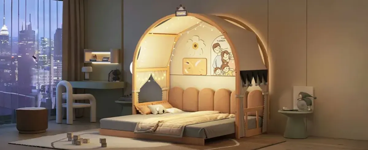 Extended Bed With Arched Roof And Trundle