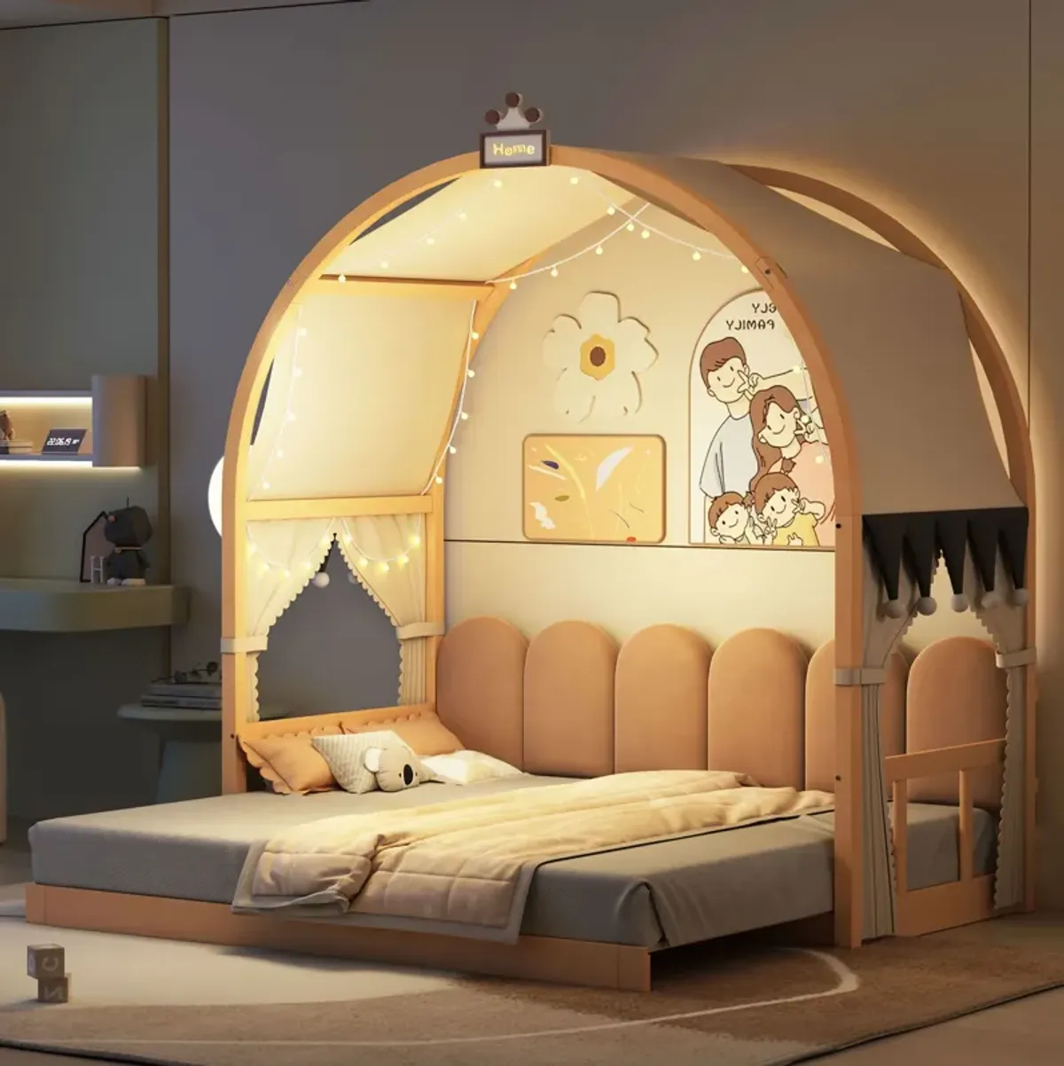 Extended Bed With Arched Roof And Trundle