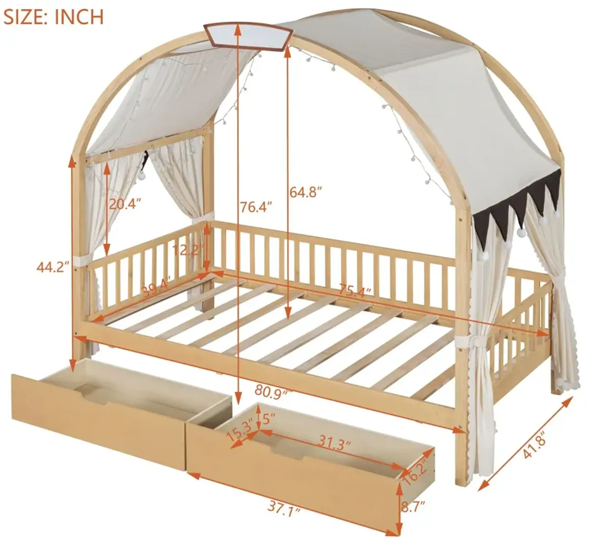 Bed With Arched Roof And 2 Drawers