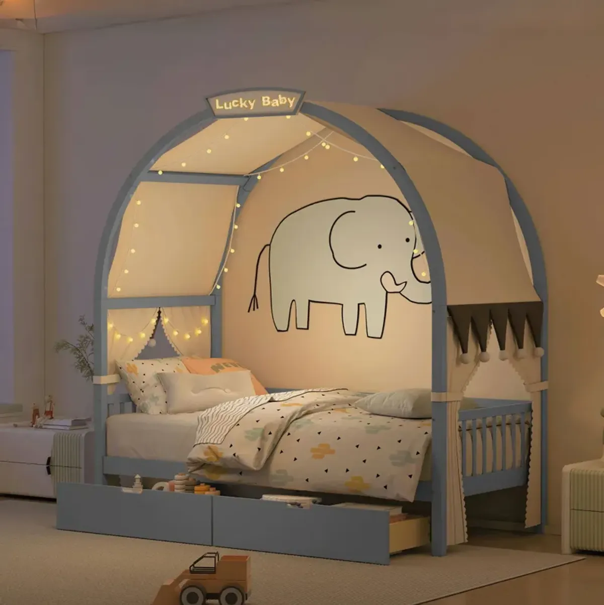 Bed With Arched Roof And 2 Drawers