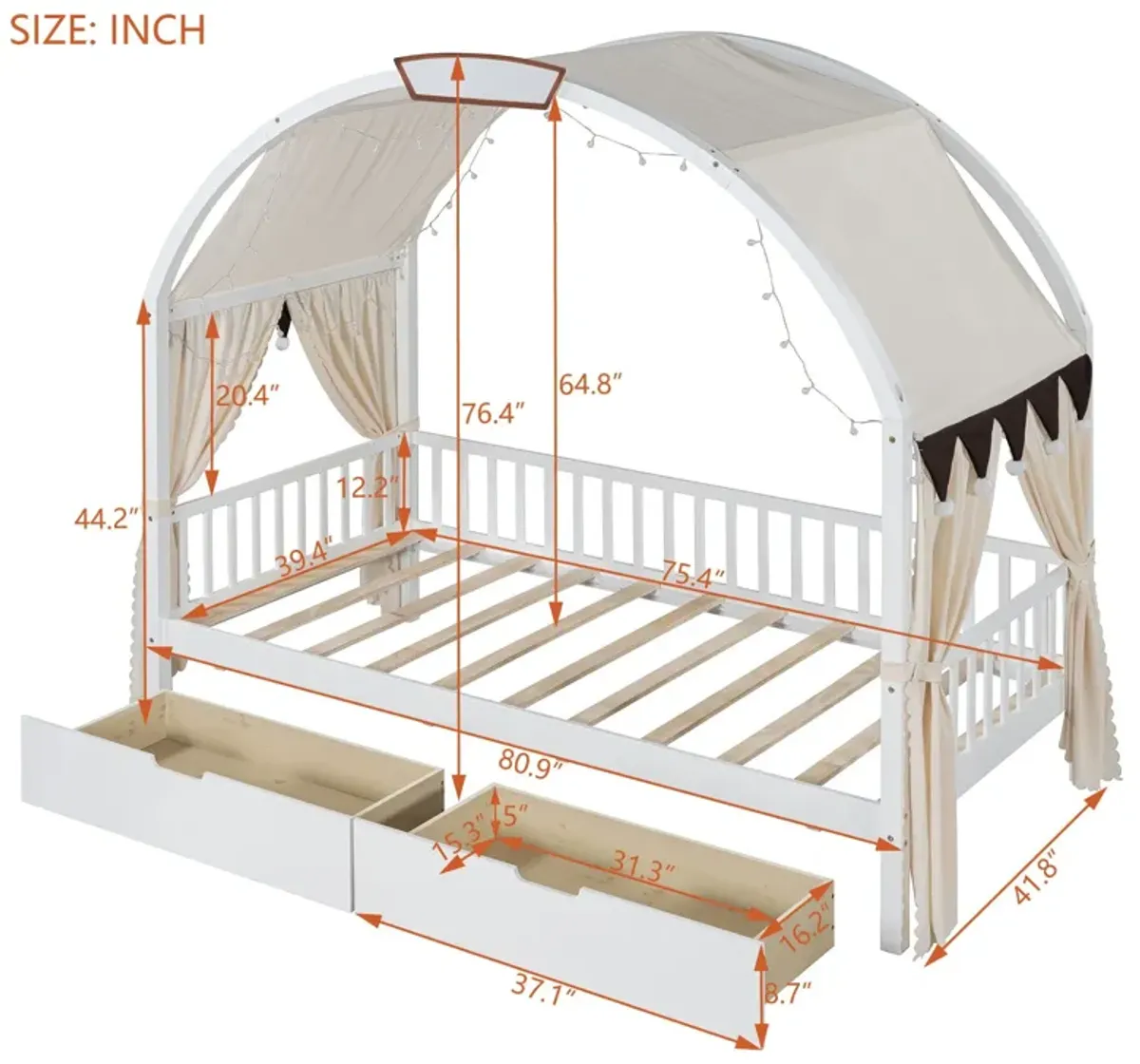 Bed With Arched Roof And 2 Drawers