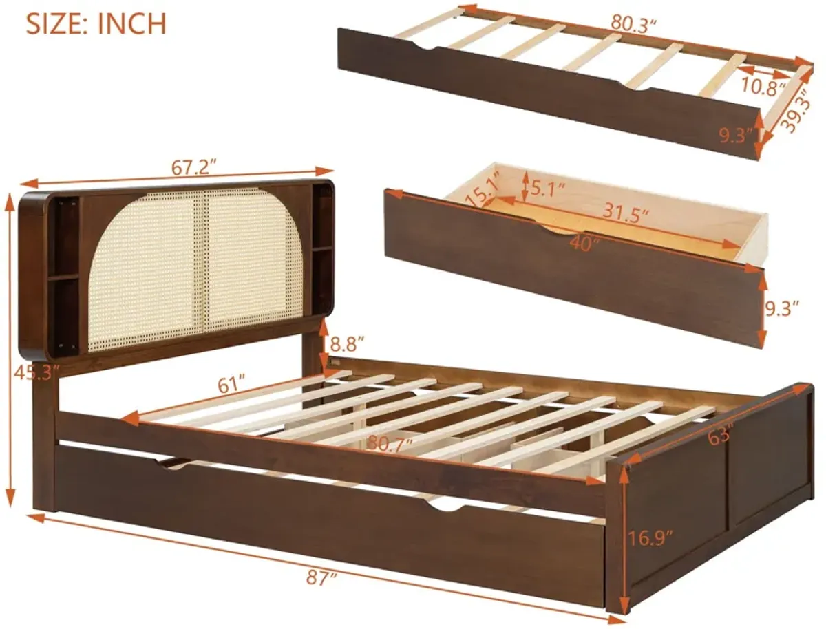 Rattan Headboard Bed With Two Drawers And Trundle