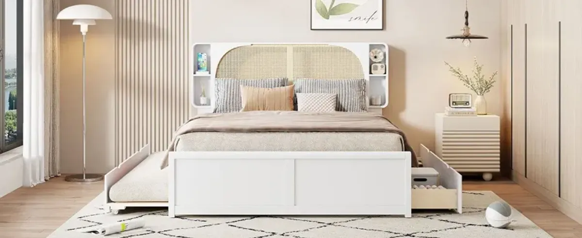 Rattan Headboard Bed With Two Drawers And Trundle