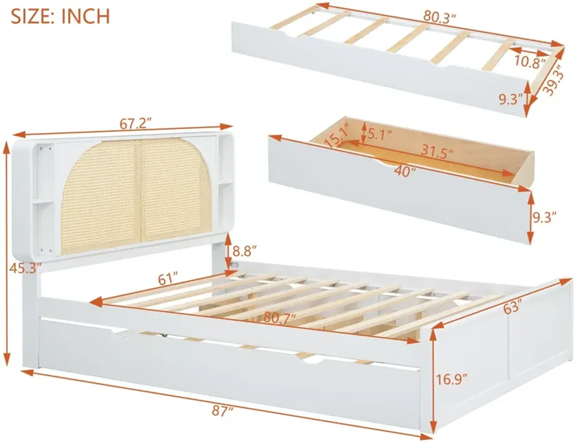 Rattan Headboard Bed With Two Drawers And Trundle