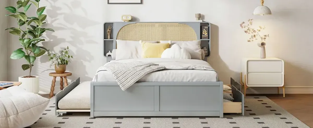 Rattan Headboard Bed With Two Drawers And Trundle