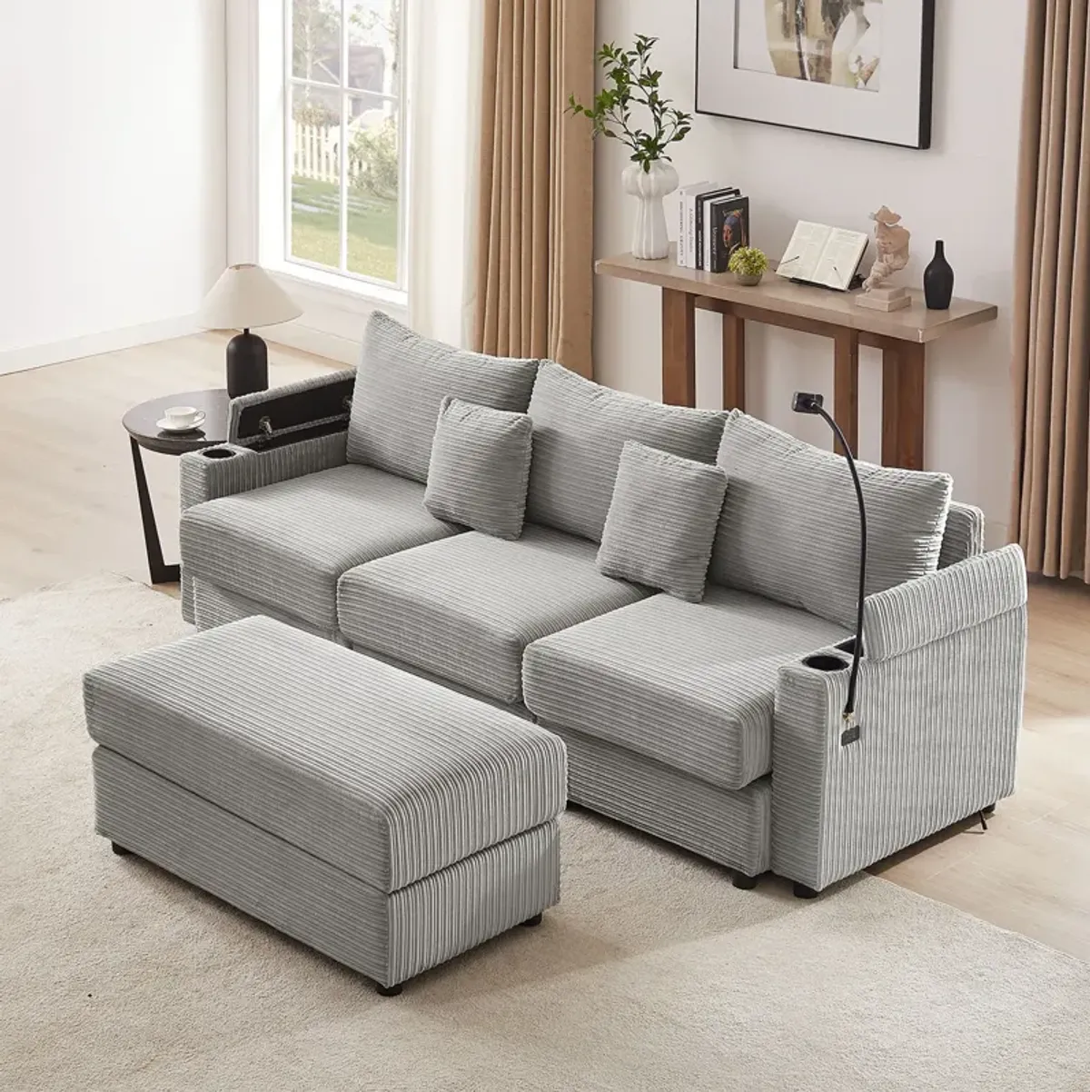 Modern Style Loveseat Sofa Sectional Sofa Couch With Storage Space, A Movable Ottoman, Two USB Ports, Two Cup Holders, A Phone Holder For Living Room