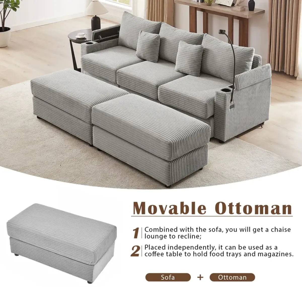 Modern Style Loveseat Sofa Sectional Sofa Couch With Storage Space, A Movable Ottoman, Two USB Ports, Two Cup Holders, A Phone Holder For Living Room