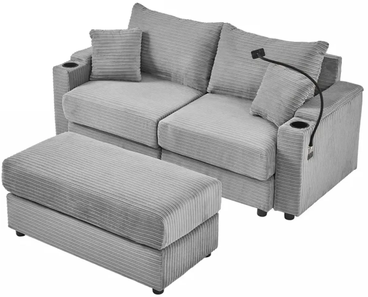 Modern Style Loveseat Sofa Sectional Sofa Couch With Storage Space, A Movable Ottoman, Two USB Ports, Two Cup Holders, A Phone Holder For Living Room