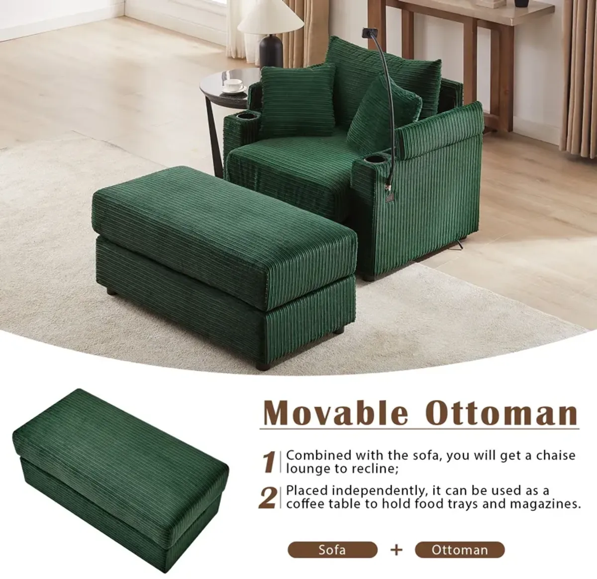 Modern Style Loveseat Sofa Sectional Sofa Couch With Storage Space, A Movable Ottoman, Two USB Ports, Two Cup Holders, A Phone Holder For Living Room