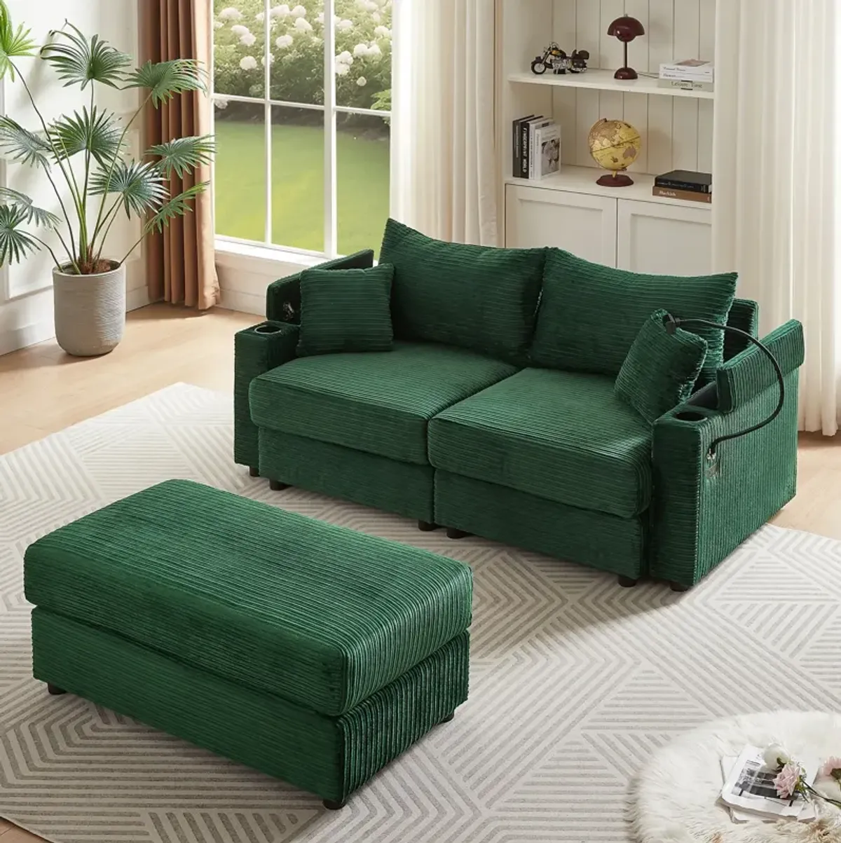 Modern Style Loveseat Sofa Sectional Sofa Couch With Storage Space, A Movable Ottoman, Two USB Ports, Two Cup Holders, A Phone Holder For Living Room